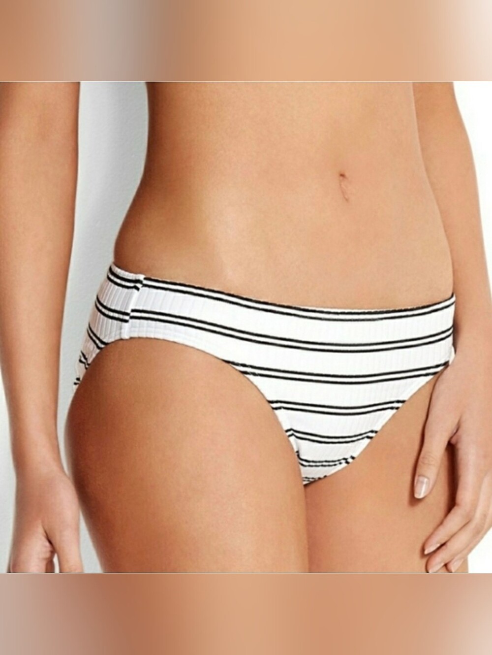 Seafolly White Black Inka Stripe Ribbed Bikini Swim Bottom NWT Size US Large
